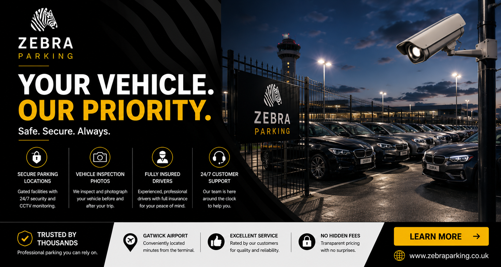 Your vehicle, our priority — Zebra Parking secure compound with 24/7 CCTV